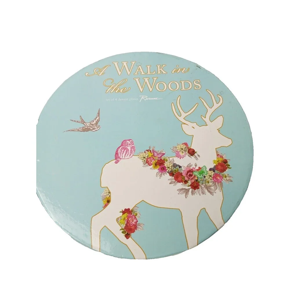 Rosanna A Walk in the Woods Dessert Salad Plates Blue Deer Set of 4 W/ Box